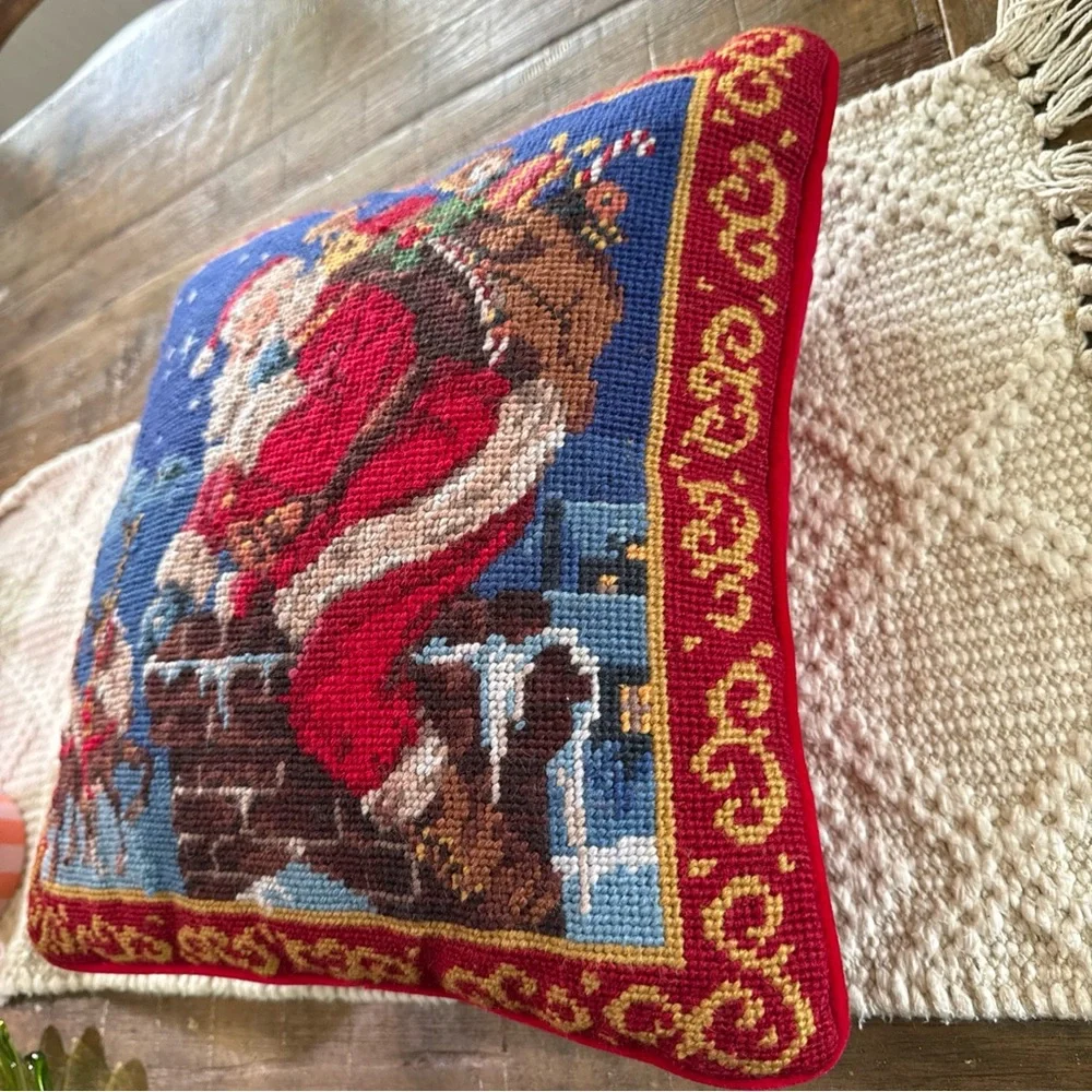 Classic Santa Needlepoint Velvet Wool Holiday Pillow - Red & Blue